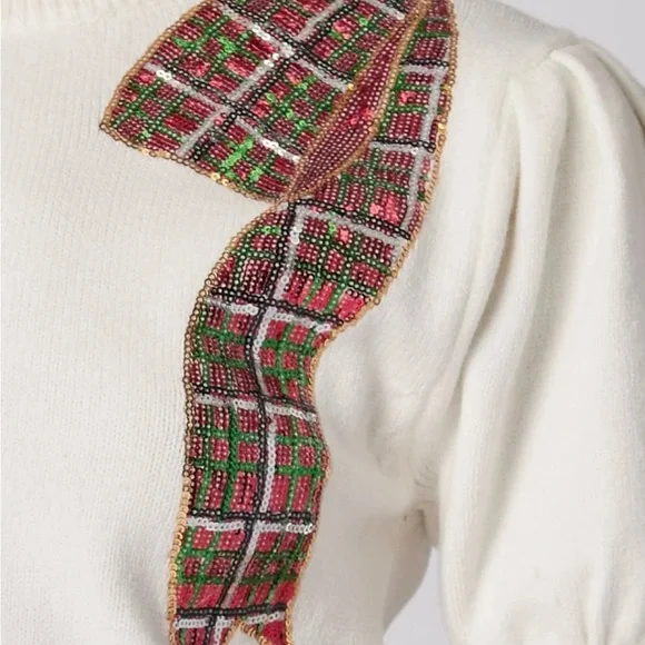 SEQUIN HOLIDAY PLAID BOW SWEATER - Picture 4 of 4